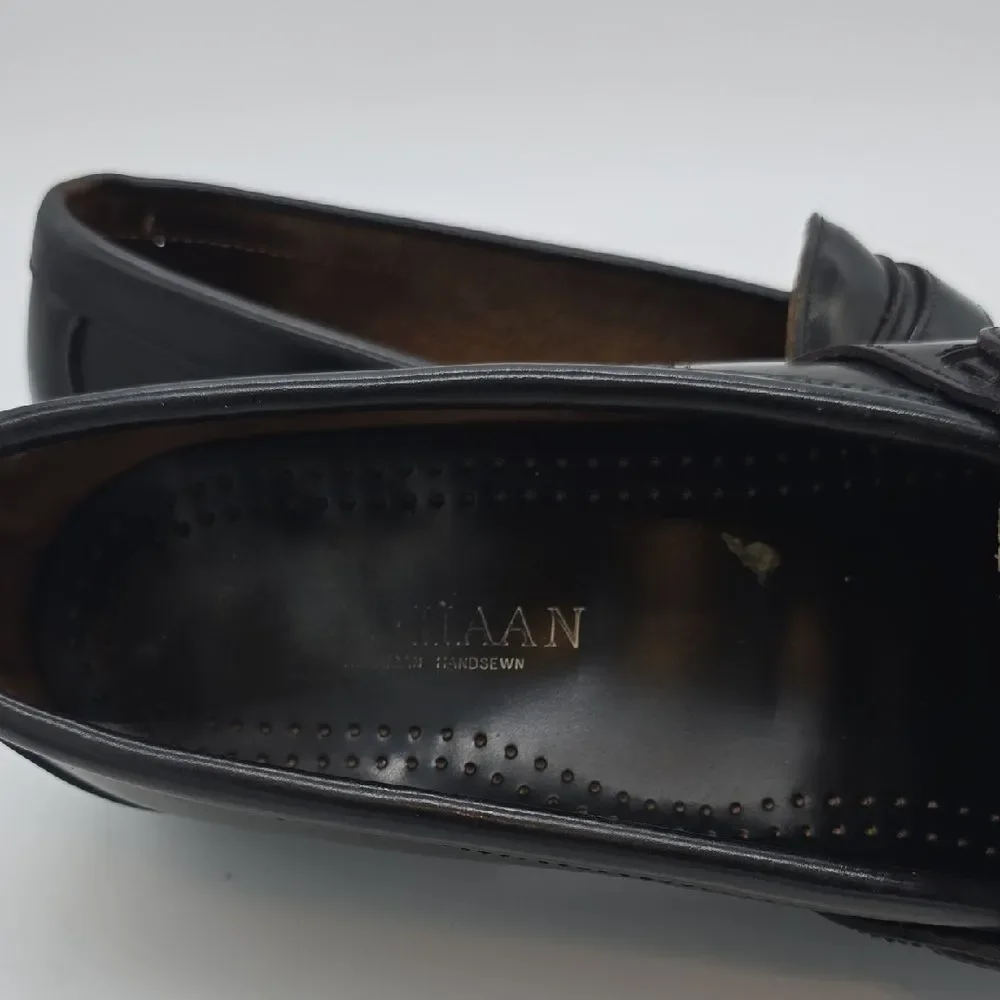 Cole Haan Black Leather Kiltie Loafers with Gold Buckle
